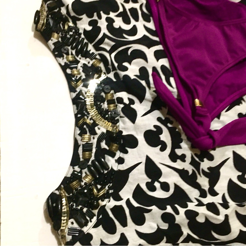 Gorgeous Jeweled Beaded Swim Cover Tribe Floral Top &Bottom Beach Set - Picture 4 of 7